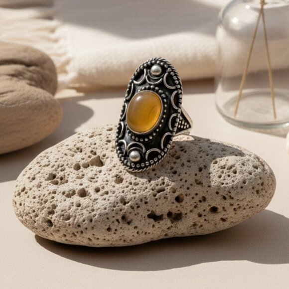 Boho Vintage Statement Ring | Yellow Onyx Gemstone | Adjustable Size 8-10 - Picture 12 of 14